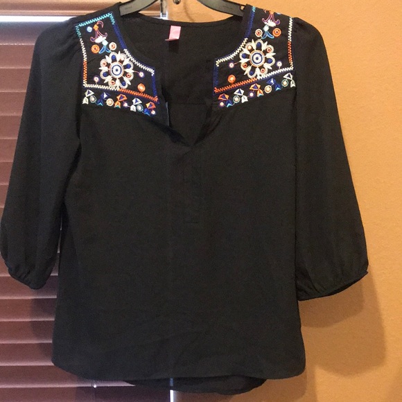 Embroidery neckline womens black small pullover blue/white/orange/teal shear - Picture 1 of 4